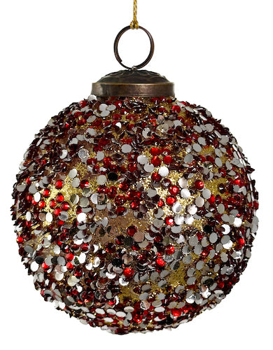 Glass ball gold glittered red beaded 10cm