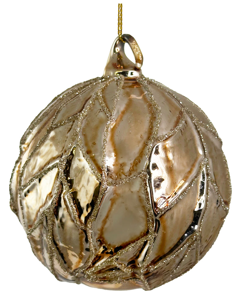 Glass ball leaves shiny gold with glitter 8cm