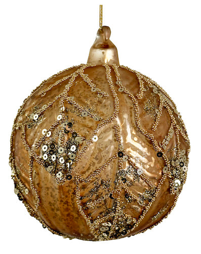 Glass ball leaves mat antique gold beaded 10cm