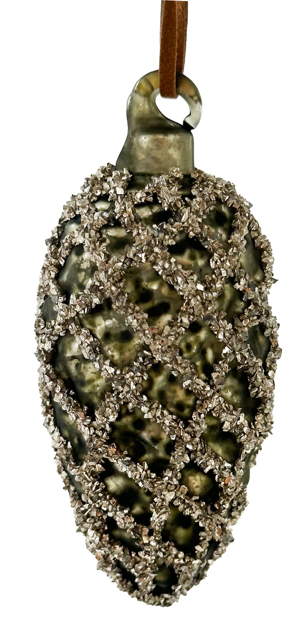 Glass cone green antique mat silver glass glitter 7cm