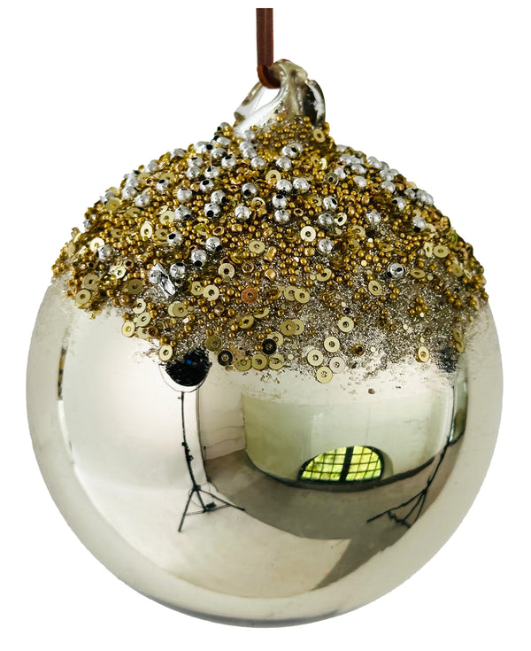 Glass ball shiny gold beaded top 10cm