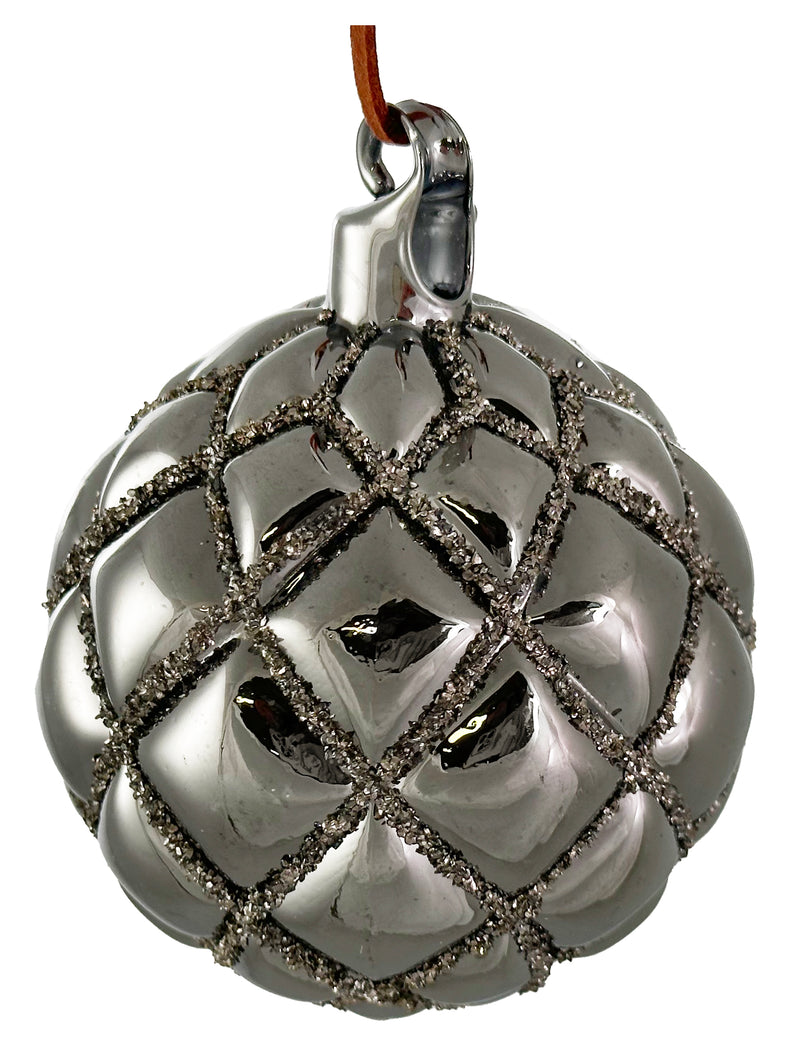 Glass velvet ball smoked silver shiny glass glitter 8cm