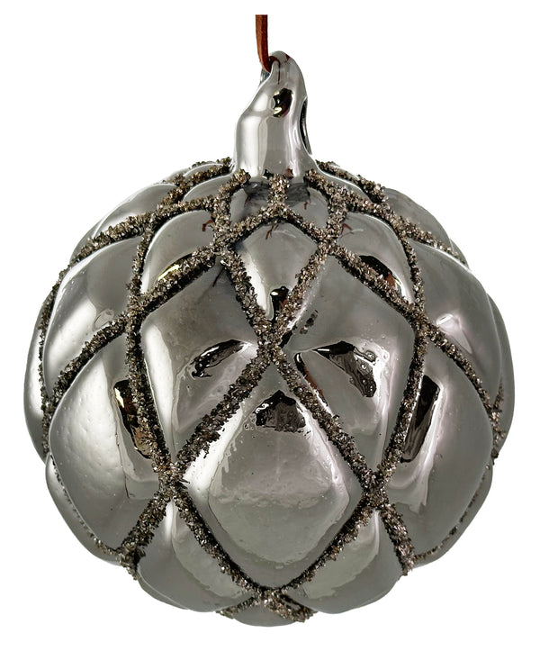 Glass velvet ball smoked silver shiny glass glitter 10cm