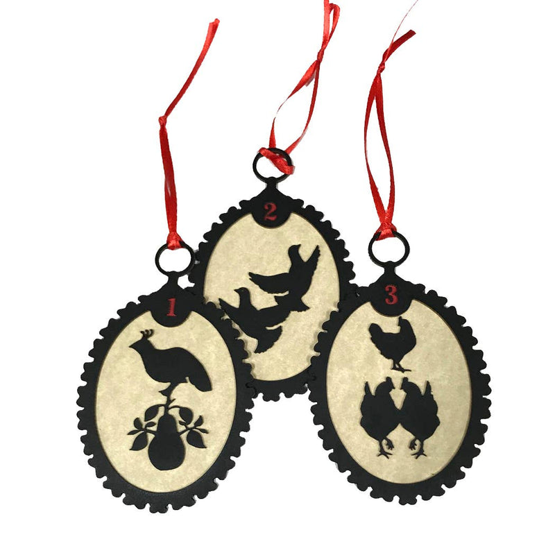 12 Days of Christmas Silhouette Ornaments, Red Ribbon