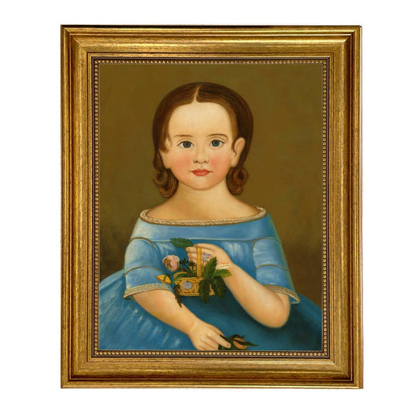 Girl in Blue Dress Framed Painting Print on Canvas - Gold Fr