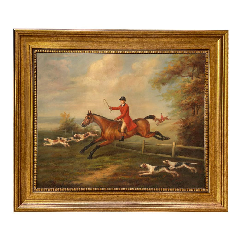 Fox Hunting Scene Oil Painting Print on Canvas, Gold Frame