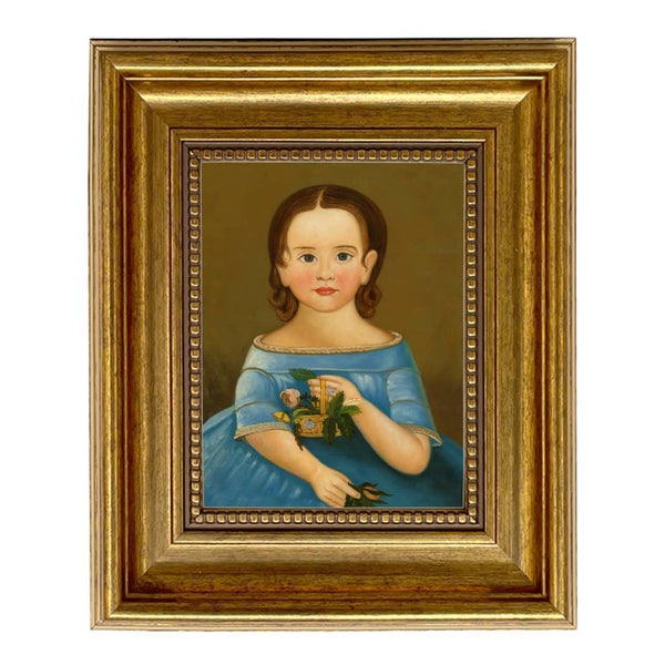 Girl in Blue Dress Framed Painting Print on Canvas - Gold Fr