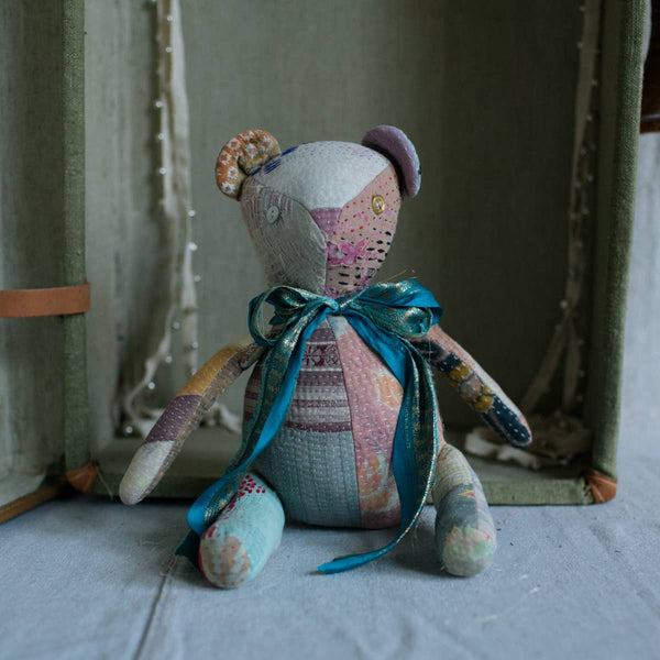 Kantha Teddy Bear - Soft Cotton Art Doll, One of a Kind