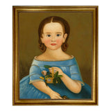 Girl in Blue Dress Framed Painting Print on Canvas - Gold Fr