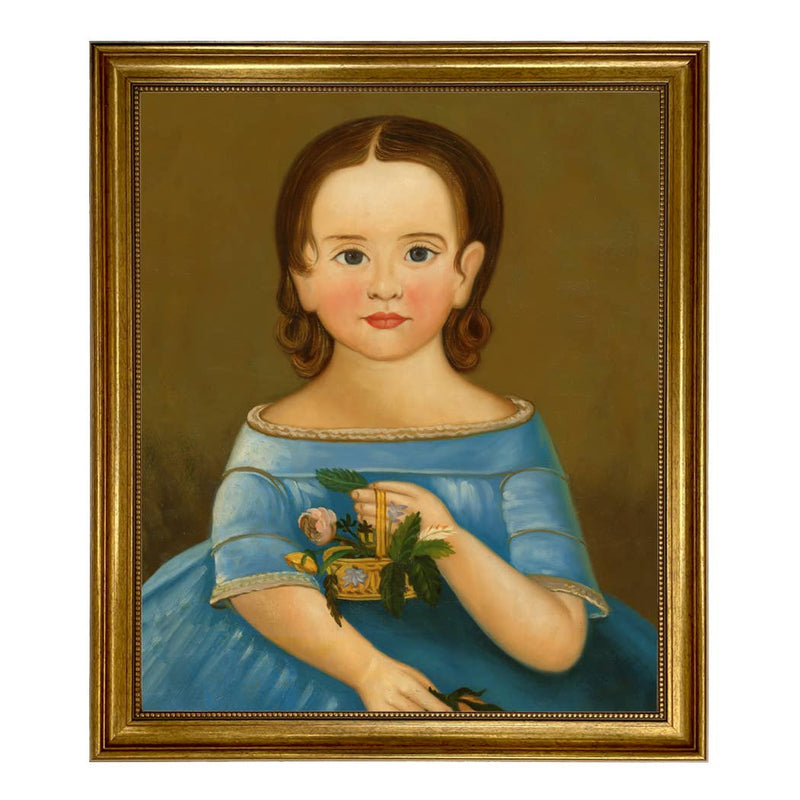 Girl in Blue Dress Framed Painting Print on Canvas - Gold Fr