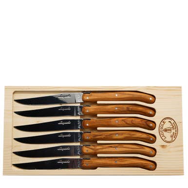 Jean Dubost 6 Steak Knives Olive Wood Handles in a Box