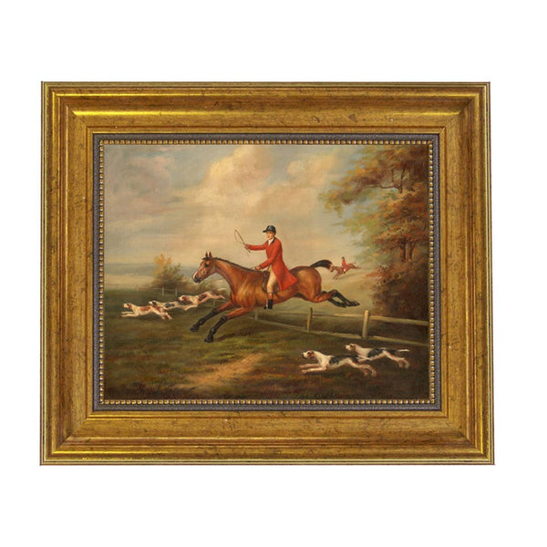 Fox Hunting Scene Oil Painting Print on Canvas, Gold Frame