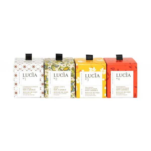 LUCIA Assorted Soy Candles Set: N°1 Linseed Flower & Goat Milk, N°2 Laurel Leaf & Olive, N°3 Tea Leaf & Honey Flower, N°4 Green Orange & Oak Moss