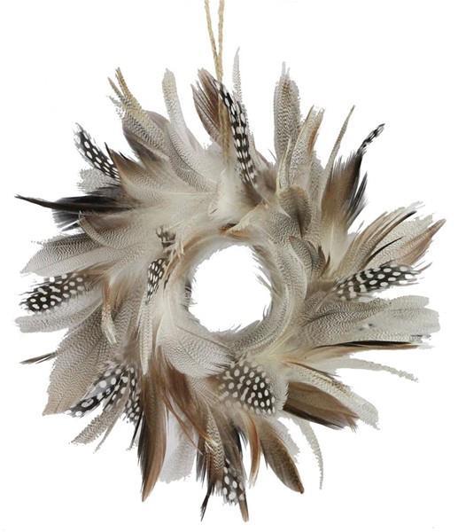 8"DIA FEATHER WREATH MULTI GREY/BROWN/BLACK