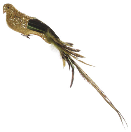 Feather bird w/pheasant tail green-gold