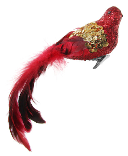 Feather bird red glitter gold sequin wit