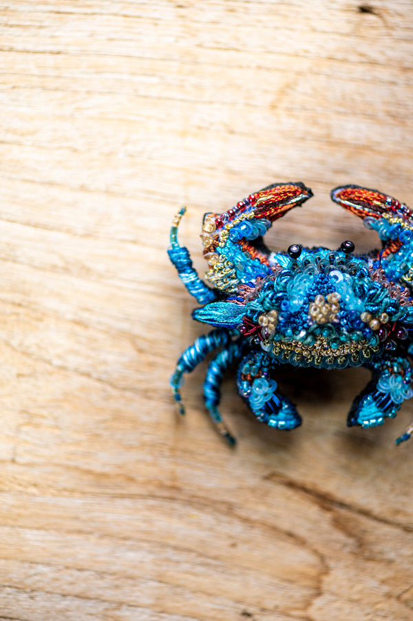 Ornate Blue Crab Brooch Pin