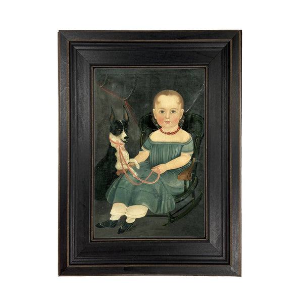 Girl on Rocker with Dog Framed Oil Painting Print on Canvas