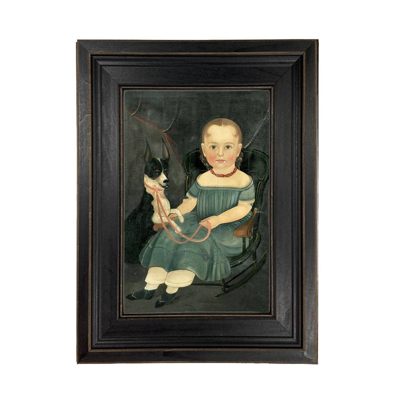 Girl on Rocker with Dog Framed Oil Painting Print on Canvas