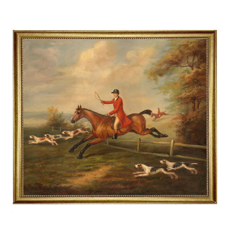 Fox Hunting Scene Oil Painting Print on Canvas, Gold Frame
