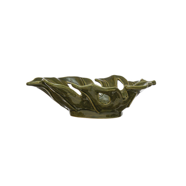 Stoneware Leaf Shaped Bowl, Reactive Glaze