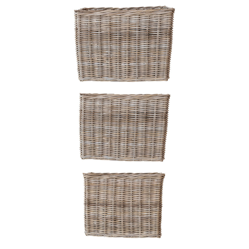 Woven Wicker Rattan Baskets w/ Handles, Set of 3