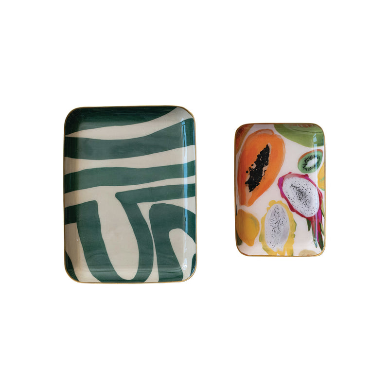Enameled Metal Trays w/ Fruit/Abstract Image & Gold Rim, Set of 2