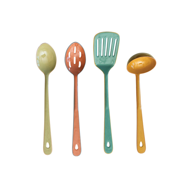 Enameled Stainless Steel Utensils w/ Colored Edge, 4 Colors, 4 Styles