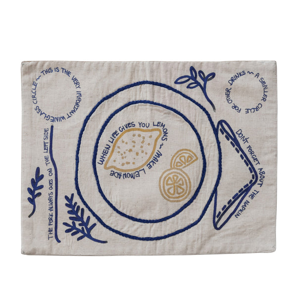 Woven Cotton & Linen Placemat with Embroidered Tablescape & Sayings