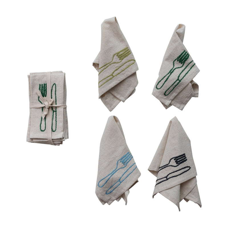 Embroidered Cotton & Linen Napkins, Set of 4 Tied with Cotton Tape