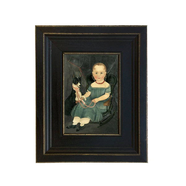 Girl on Rocker with Dog Framed Oil Painting Print on Canvas