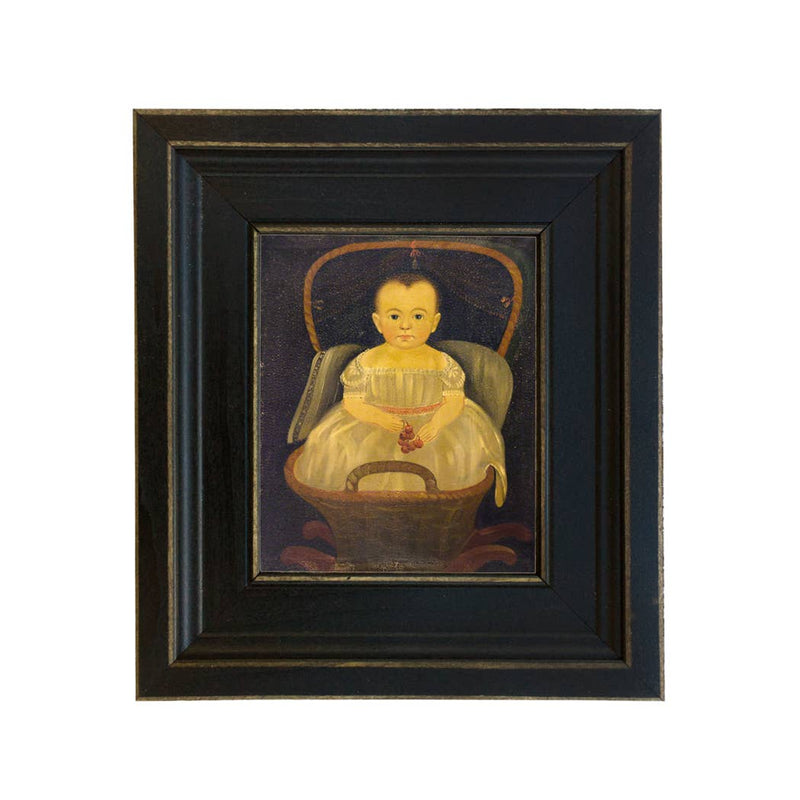 Baby in Cradle Framed Oil Painting Print on Canvas