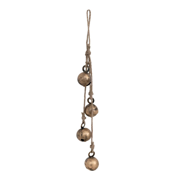 11-1/2"H Hanging Metal Jingle Bells with Jute Rope, Antique Brass Finish