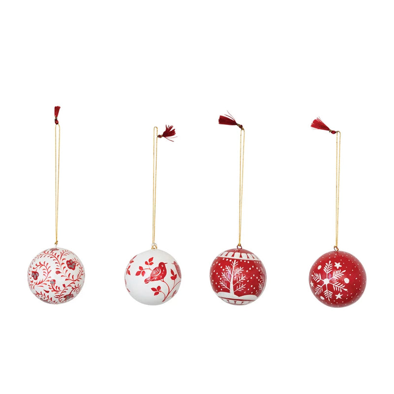 3" Round Hand-Painted Paper Mache Ball Ornament with Pattern, Red and White, 4 Styles