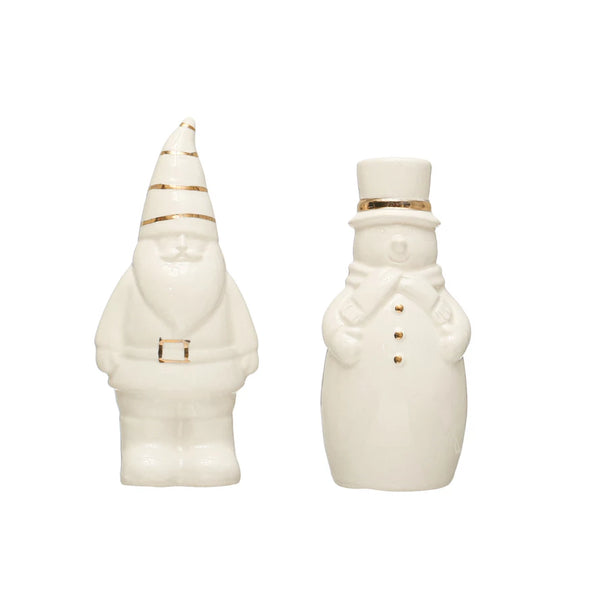 Santa & Snowman Salt & Pepper Shakers w/ Gold Electroplating, Set of 2