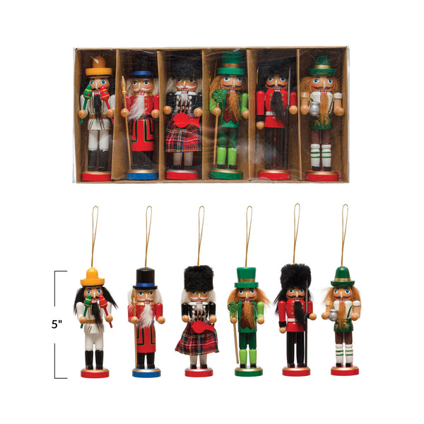 5"H Pine Wood Nutcracker Ornaments, Multi Color, Boxed Set of 6