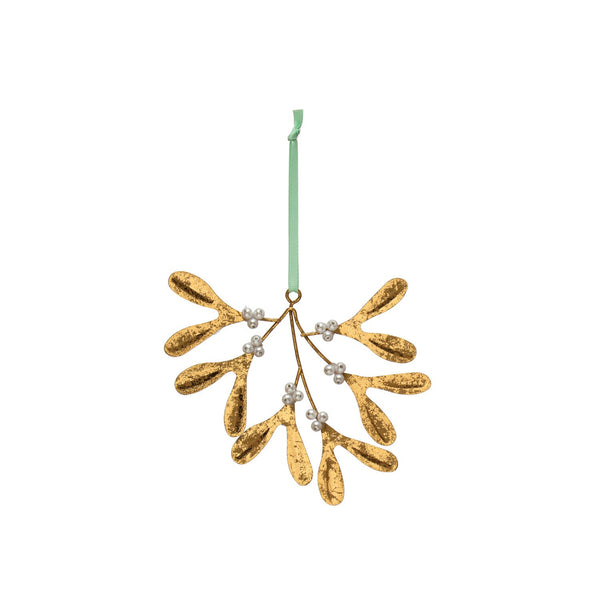 4-1/2"H Metal Mistletoe Ornament w/ Glass Beads, Antique Gold Finish & White