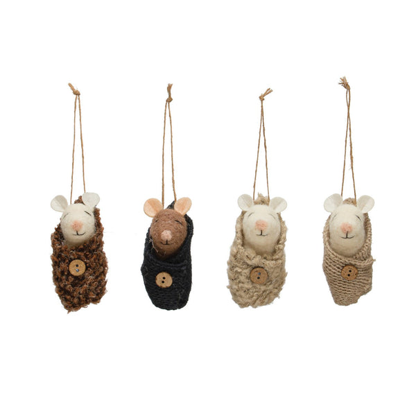 2-3/4"H Wool Felt Baby Mouse in Swaddle Ornament w/ Button, 4 Styles