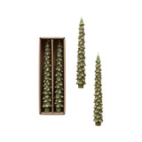 Unscented Tree Shaped Taper Candles w/ Gold Tips in Box, Evergreen Color, Set of 2