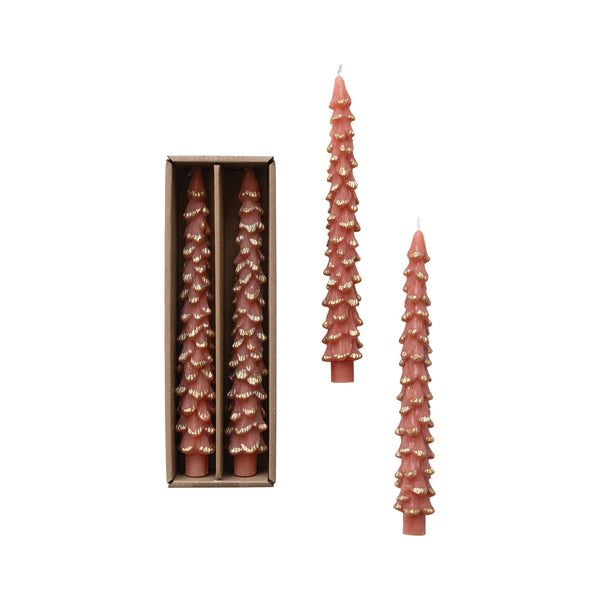 Unscented Tree Shaped Taper Candles w/ Gold Tips in Box, Coral Color, Set of 2