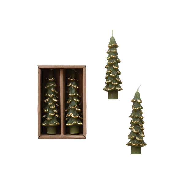 Unscented Tree Shaped Taper Candles w/ Gold Tips in Box, Set of 2