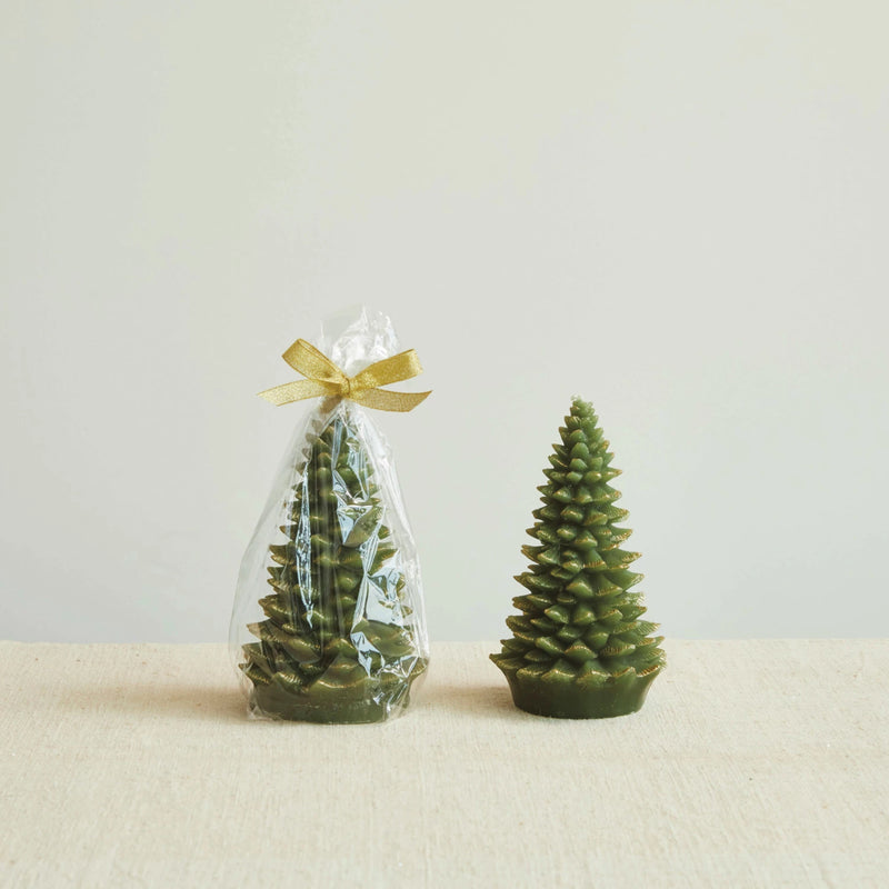 Unscented Tree Shaped Candle w/ Gold Tips, Evergreen Color