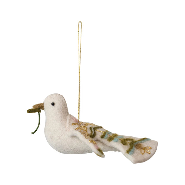 Handmade Wool Felt Dove Ornament w/ Embroidery, Multi Color ©