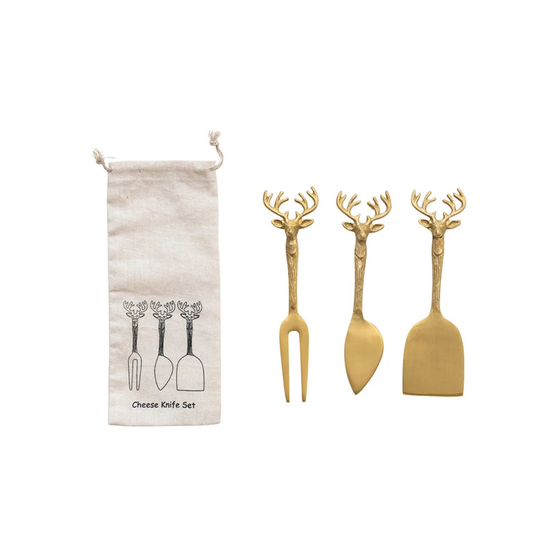 Brass Cheese Knives w/ Reindeer Handles, Set of 3 in Printed Drawstring Bag