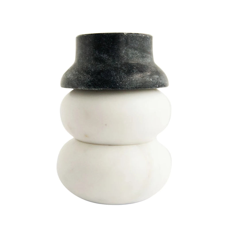 Marble Snowman Shaped Pinch Pots w/ Hat Lid, White & Black, Set of 3