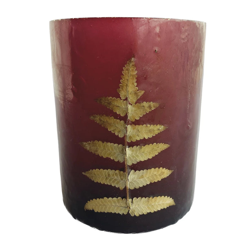 Recycled Glass Votive Holder w/ Embedded Eucalyptus Leaves, Red & Gold Finish