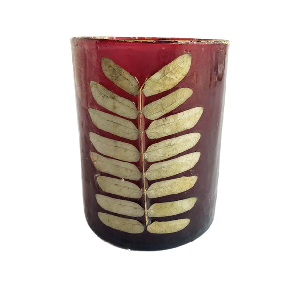 Recycled Glass Votive Holder w/ Embedded Eucalyptus Leaves, Red & Gold Finish