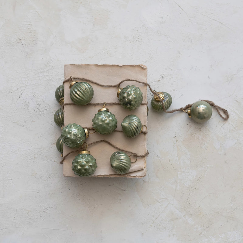 Embossed Recycled Mercury Glass Ball Ornament Garland w/ Jute Cord, Olive Green