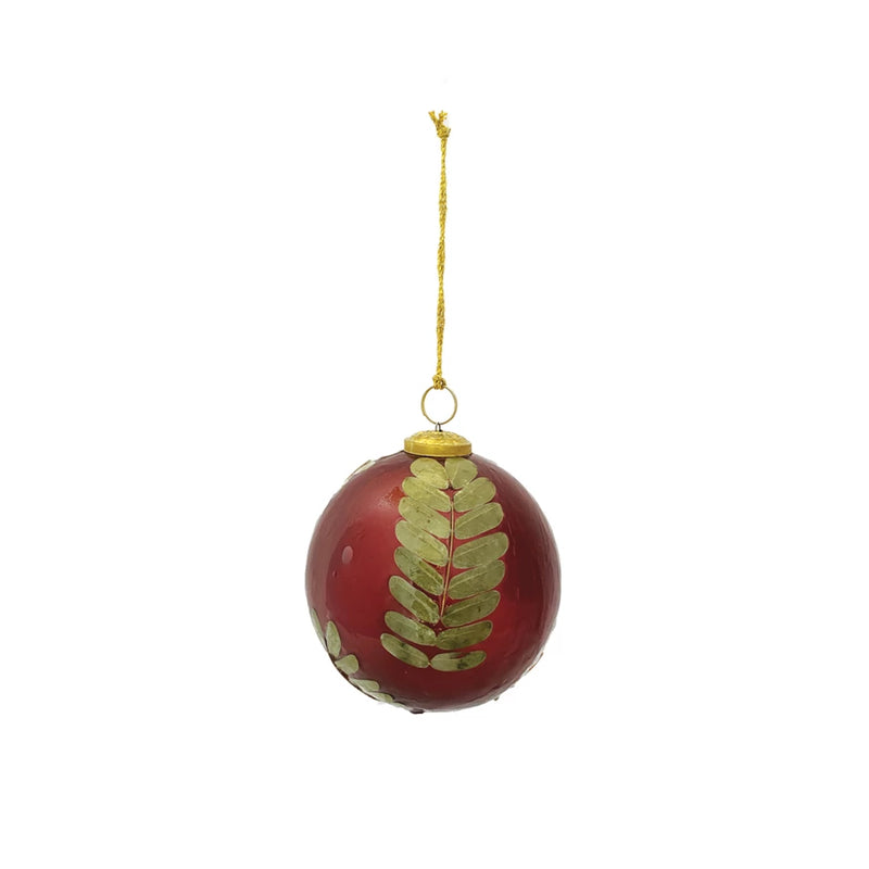 Glass Ball Ornament w/ Embedded Eucalyptus Leaves, Red & Gold Finish