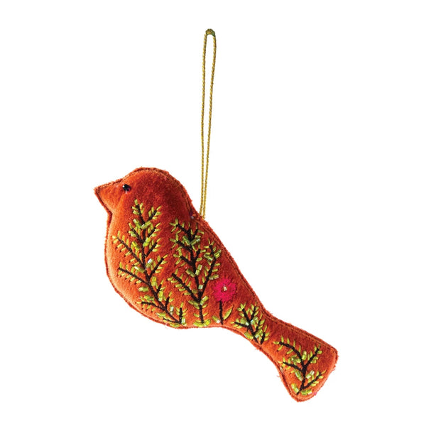 Cotton Velvet Bird Ornament w/ Glass Beads & Embroidery, Multi Color